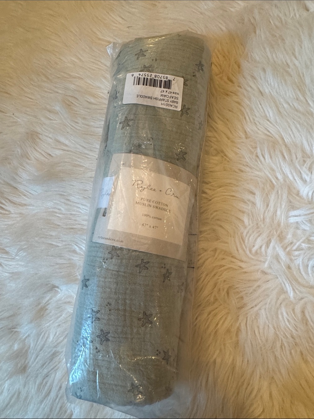 NWT Rylee + Cru Seafoam Muslin Baby Swaddle with Starfish!